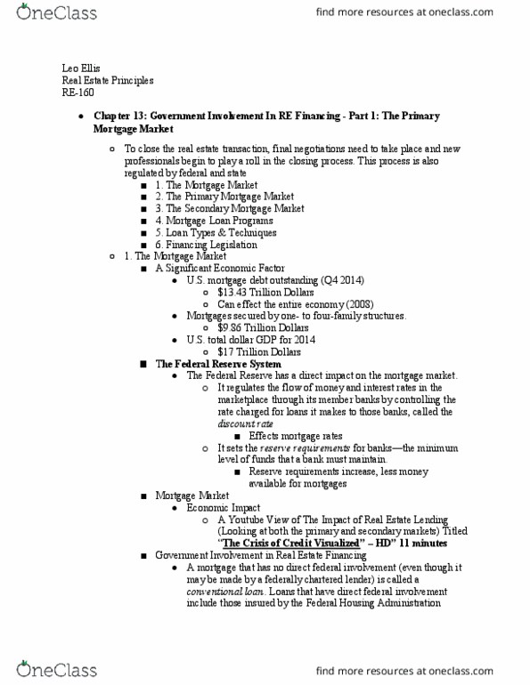 RE-160 Chapter Notes - Chapter 13: Federal Housing Administration, Federal Reserve System thumbnail