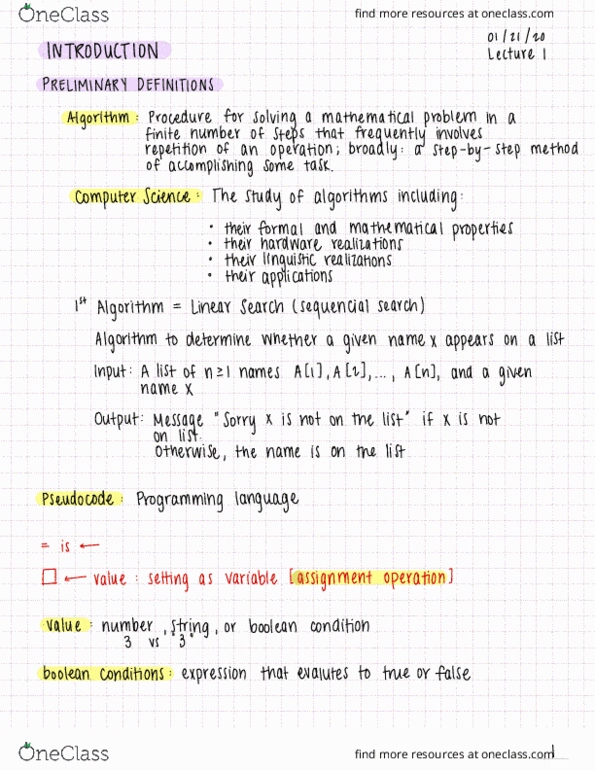 COMS W1004 Lecture Notes - Lecture 1: Boolean Expression, Linear Search, Pseudocode thumbnail