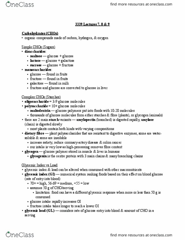 Kinesiology 3339A/B Lecture Notes - Lecture 7: Starch, Glycogen Synthase, Polysaccharide thumbnail