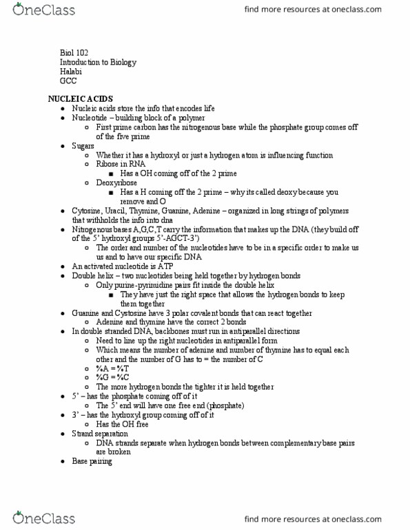 BIOL 102 Lecture Notes - Lecture 5: Nitrogenous Base, Cell Nucleus, Dehydration Reaction thumbnail