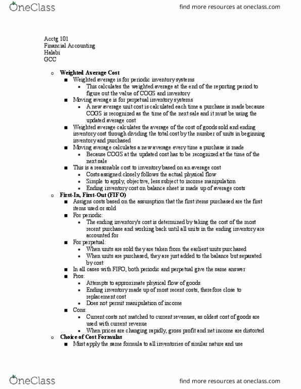 ACCTG 101 Lecture Notes - Lecture 17: Perpetual Inventory, Weighted Arithmetic Mean, Moving Average thumbnail