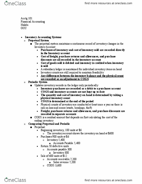 ACCTG 101 Lecture Notes - Lecture 16: Accounts Receivable, Accounts Payable, Perpetual Inventory thumbnail