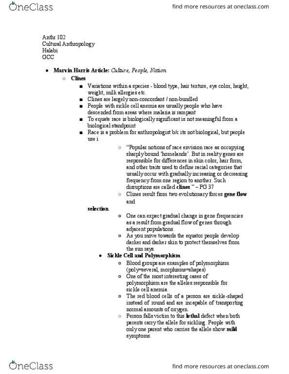 ANTHR 102 Lecture Notes - Lecture 2: Marvin Harris, Sickle-Cell Disease, Milk Allergy thumbnail
