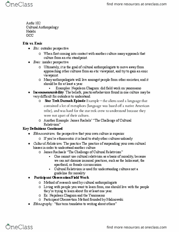 ANTHR 102 Lecture Notes - Lecture 8: Darmok, Ethnocentrism, James Rachels thumbnail