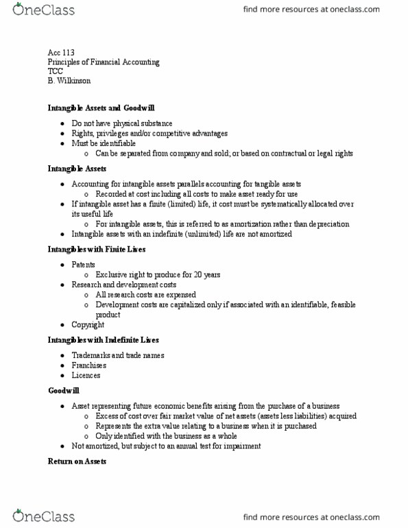 ACC 113 Lecture Notes - Lecture 13: Intangible Asset, Asset Turnover, Accounts Payable thumbnail