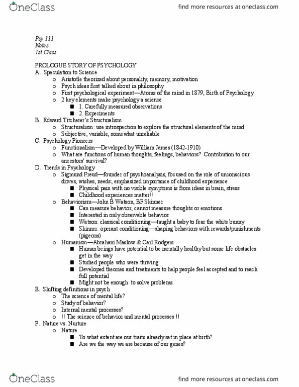 PSY 111 Lecture Notes - Lecture 1: Psych, Positive Psychology, Psy thumbnail