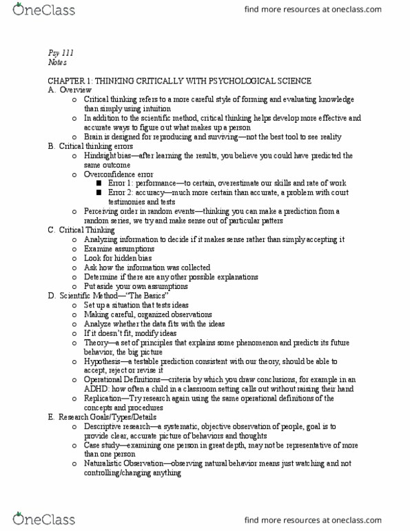 PSY 111 Chapter Notes - Chapter 1: Scientific Method, Psy, Critical Thinking thumbnail