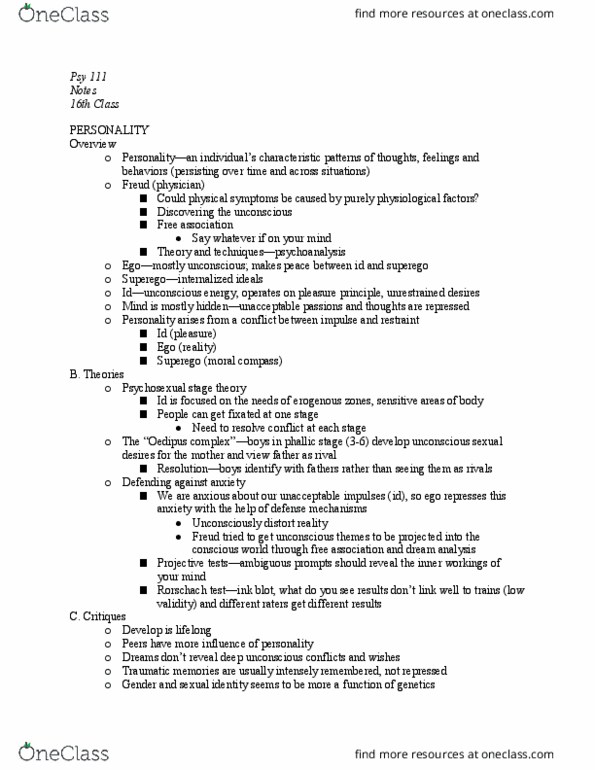 PSY 111 Lecture Notes - Lecture 16: Dream Interpretation, Psy, Erogenous Zone thumbnail