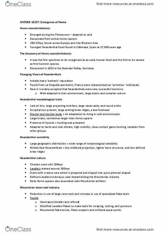 ANT203H5 Lecture Notes - Lecture 17: Blombos Cave, Neanderthal Genome Project, Foxp2 thumbnail