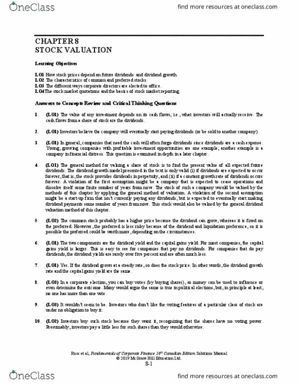 COMM 203 Lecture Notes - Lecture 8: Preferred Stock, Liquid Oxygen, Shares Outstanding thumbnail