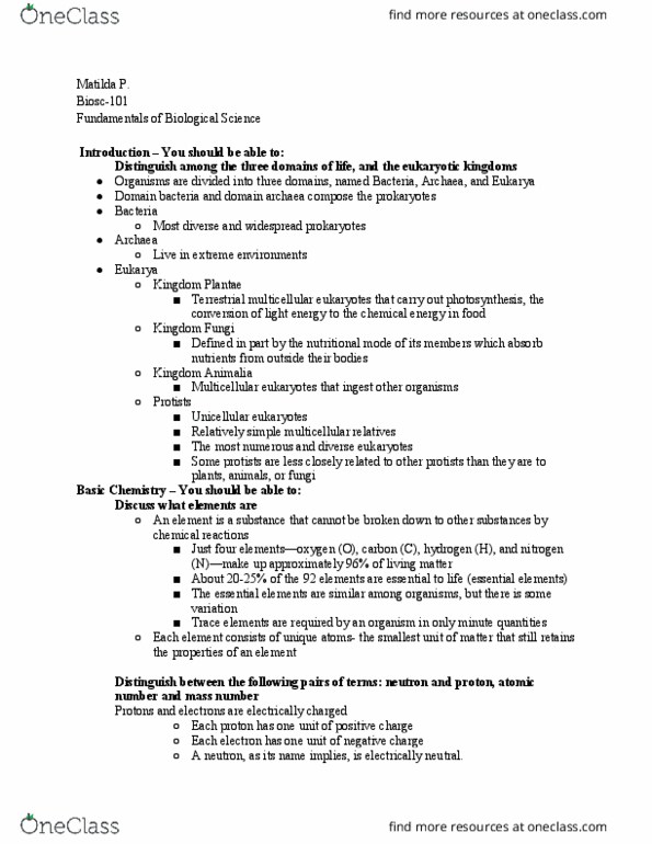 BIOSC-101 Lecture Notes - Lecture 1: Plant, Ion, Atomic Number thumbnail