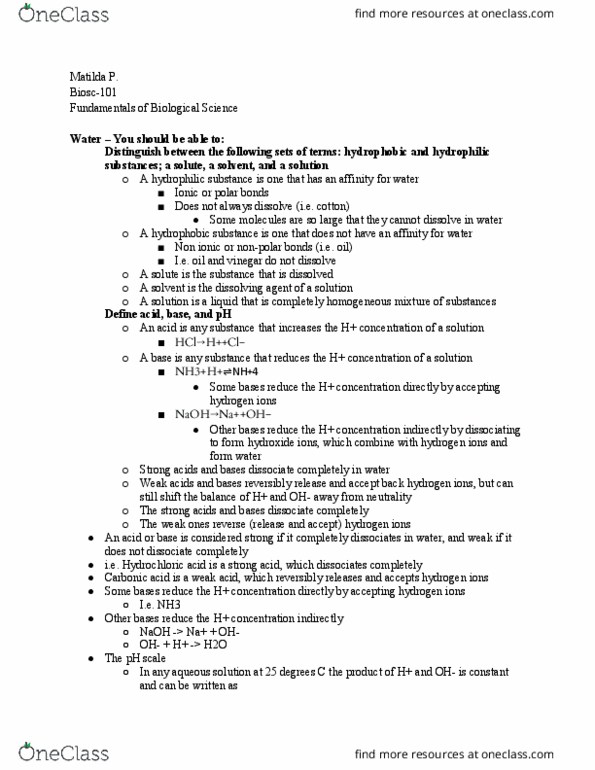 BIOSC-101 Lecture Notes - Lecture 2: Buffer Solution, Urea, Hydrophile thumbnail