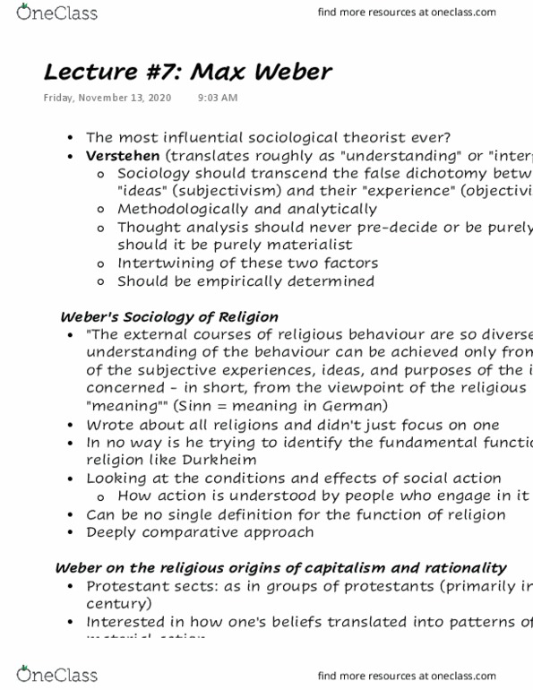 SOC231H5 Lecture Notes - Lecture 7: Verstehen, Puritans, Protestant Work Ethic thumbnail