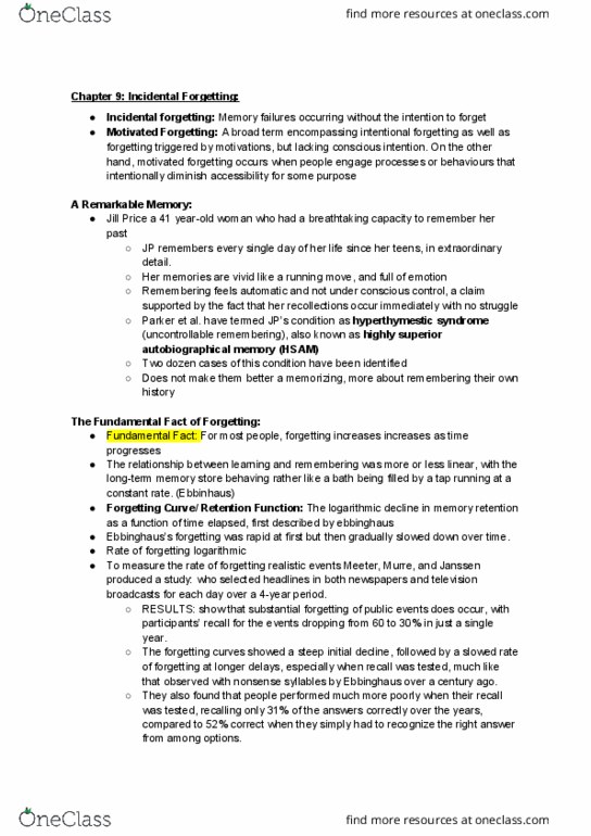 PSYC 3265 Chapter Notes - Chapter 9: Forgetting Curve, Autobiographical Memory, Hyperthymesia thumbnail