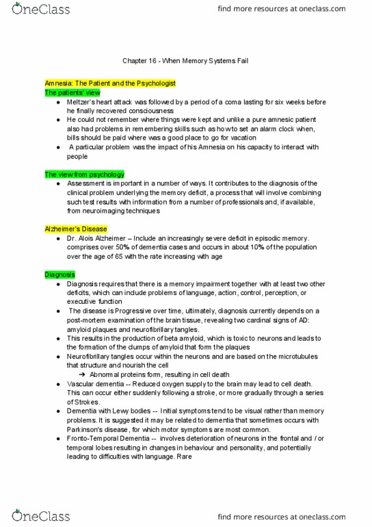 PSYC 3265 Chapter Notes - Chapter 16: Neurofibrillary Tangle, Amyloid, Alois Alzheimer thumbnail