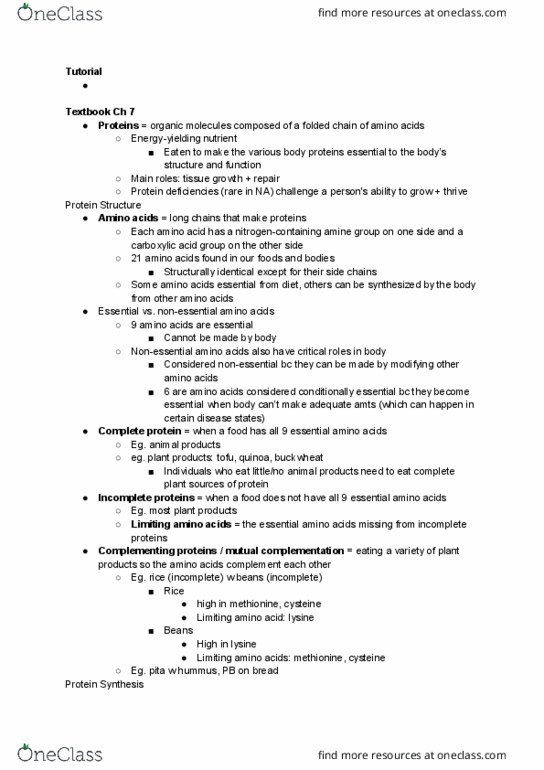 BPK 110 Lecture Notes - Lecture 8: Essential Amino Acid, Hummus, Quinoa thumbnail