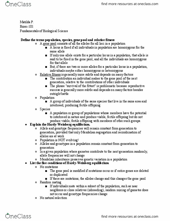 BIOSC-101 Lecture Notes - Lecture 15: Mendelian Inheritance, Allele Frequency, Genotype Frequency thumbnail