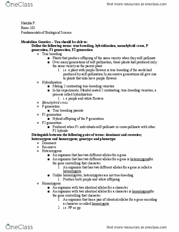 BIOSC-101 Lecture Notes - Lecture 9: Mendelian Inheritance, Zygosity, Mns Antigen System thumbnail