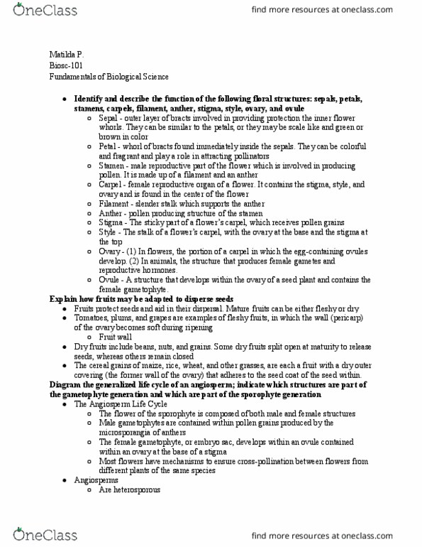 BIOSC-101 Lecture Notes - Lecture 22: Sepal, Stamen, Gametophyte thumbnail