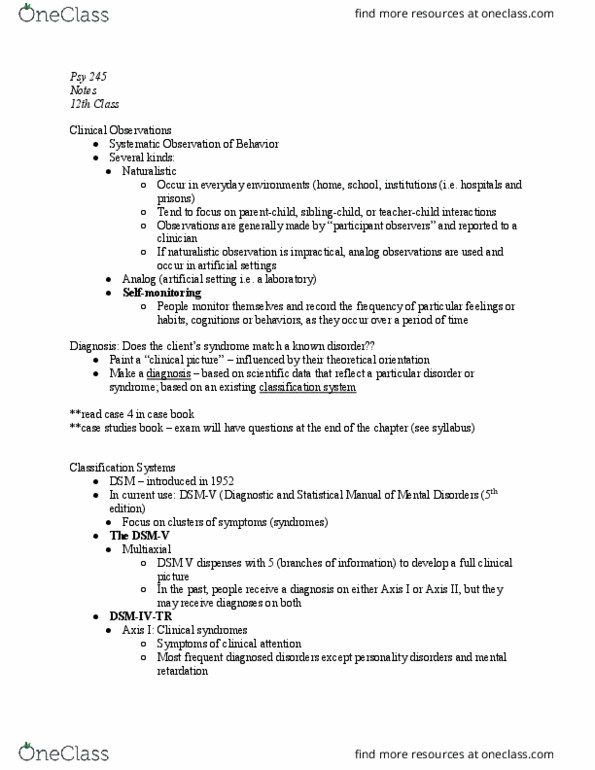 PSY 245 Lecture Notes - Lecture 12: Dsm-5, Naturalistic Observation, Intellectual Disability thumbnail