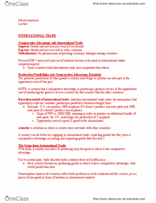 ECON 101 Lecture Notes - Lecture 22: List Of Auto Parts, Autarky, Opportunity Cost thumbnail