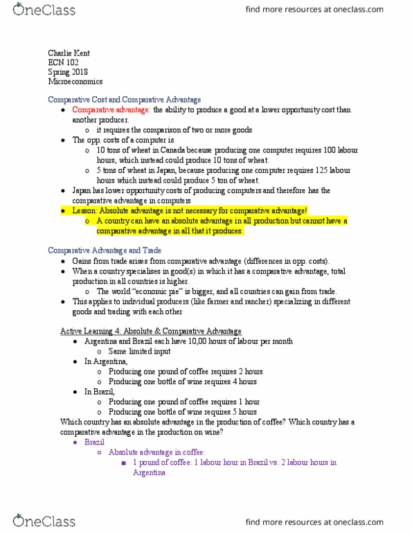 ECN 102 Lecture Notes - Lecture 8: Opportunity Cost, Comparative Advantage, Absolute Advantage thumbnail
