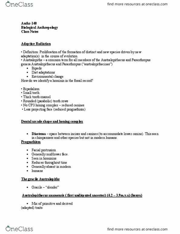 ANTHR-140 Lecture Notes - Lecture 11: Paranthropus, Diastema, Incisor thumbnail