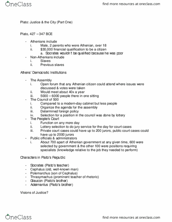 Political Science 2237E Lecture Notes - Lecture 3: Cephalus, Polemarchus, Thrasymachus thumbnail