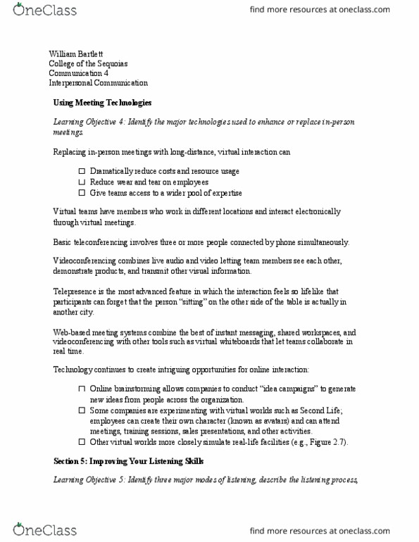 COMM 004 Lecture Notes - Lecture 10: Videotelephony, Telepresence, Active Listening thumbnail