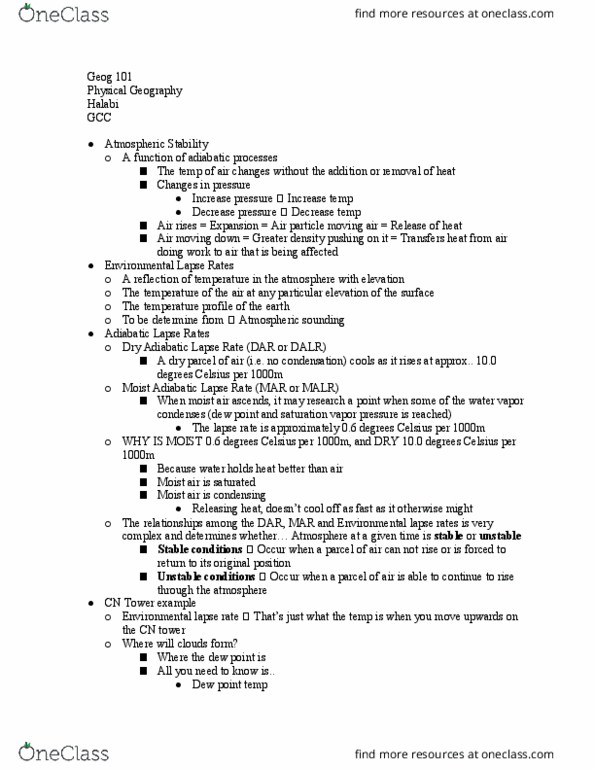 GEOG 101 Lecture Notes - Lecture 9: Atmospheric Sounding, Evaporation, Cool Air thumbnail