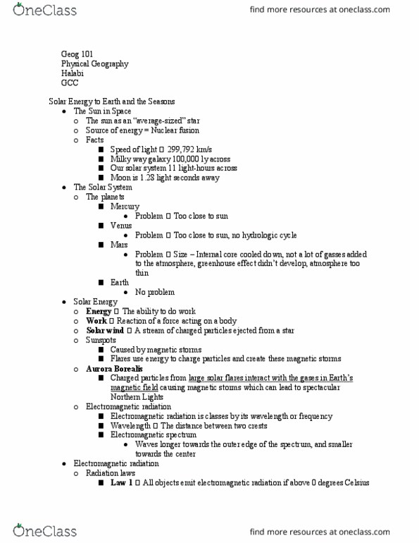 GEOG 101 Lecture Notes - Lecture 2: Electromagnetic Radiation, Electromagnetic Spectrum, Solar Wind thumbnail