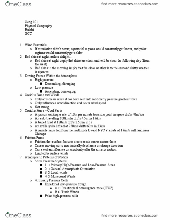 GEOG 101 Lecture Notes - Lecture 7: Intertropical Convergence Zone, Pressure-Gradient Force, Coriolis Force thumbnail