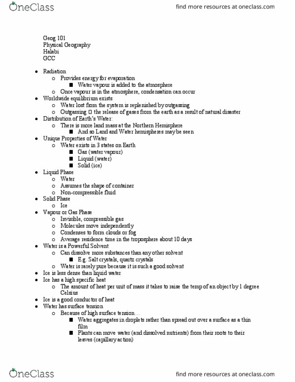 GEOG 101 Lecture Notes - Lecture 8: Northern Hemisphere, Surface Tension, Capillary Action thumbnail