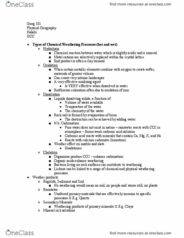 GEOG 101 Lecture Notes - Lecture 17: Clay Minerals, Halite, Chemical Reaction thumbnail