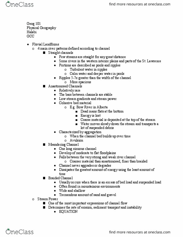 GEOG 101 Lecture Notes - Lecture 22: Suspended Load, Bed Load, Aggradation thumbnail