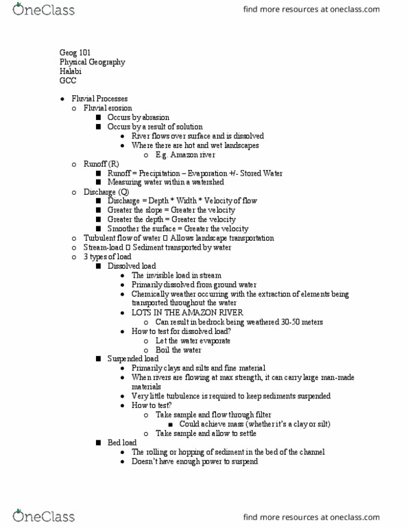 GEOG 101 Lecture Notes - Lecture 21: Suspended Load, Dissolved Load, Bed Load thumbnail