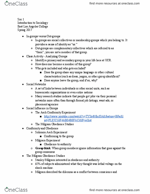 SOC 1 Lecture Notes - Lecture 30: East Los Angeles College, Milgram Experiment, Stanley Milgram thumbnail