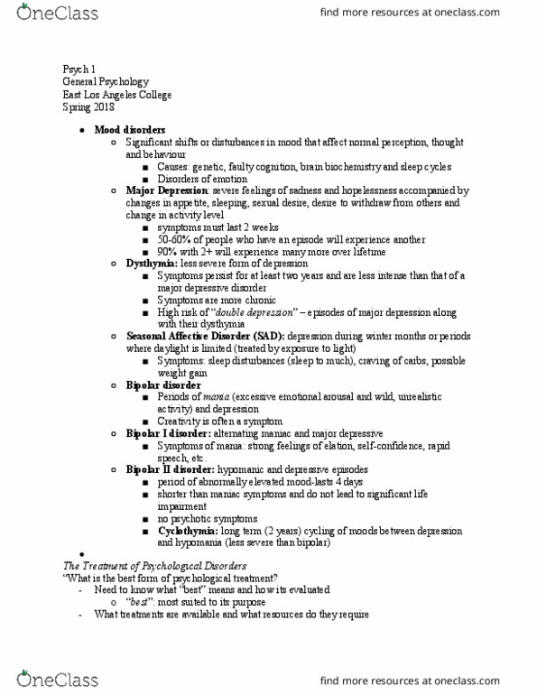PSYCH 1 Lecture Notes - Lecture 14: East Los Angeles College, Bipolar Ii Disorder, Bipolar I Disorder thumbnail