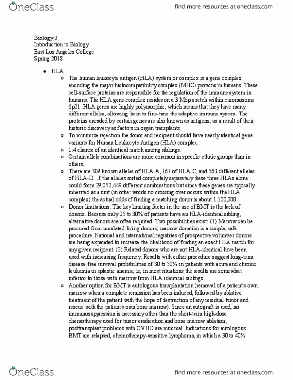 BIOLOGY 3 Lecture Notes - Lecture 24: Human Leukocyte Antigen, East Los Angeles College, Aplastic Anemia thumbnail