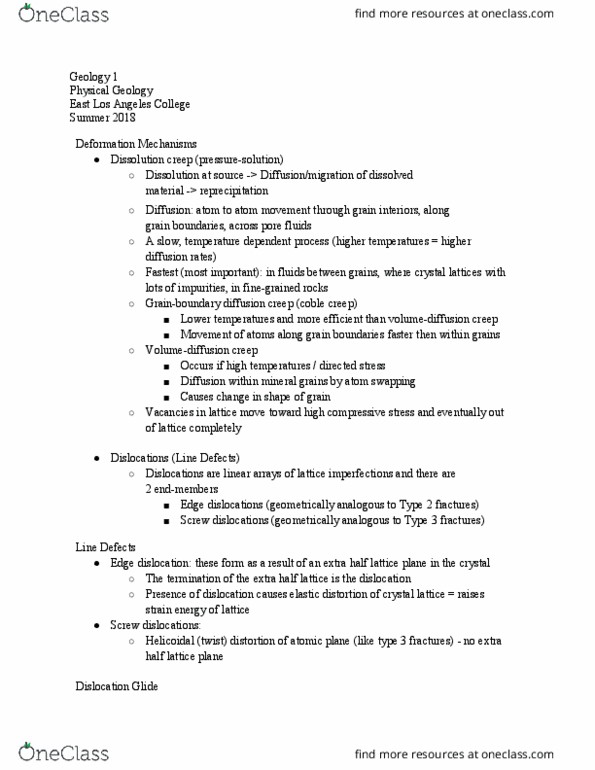 GEOLOGY 1 Lecture Notes - Lecture 15: Work Hardening, Differential Stress, Coble Creep thumbnail