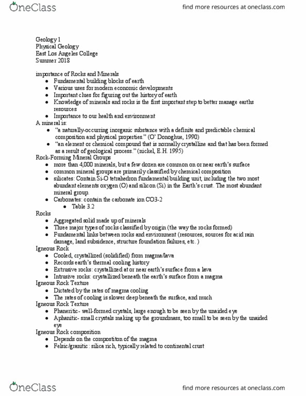 GEOLOGY 1 Lecture Notes - Lecture 24: East Los Angeles College, Continental Crust, Aphanite thumbnail