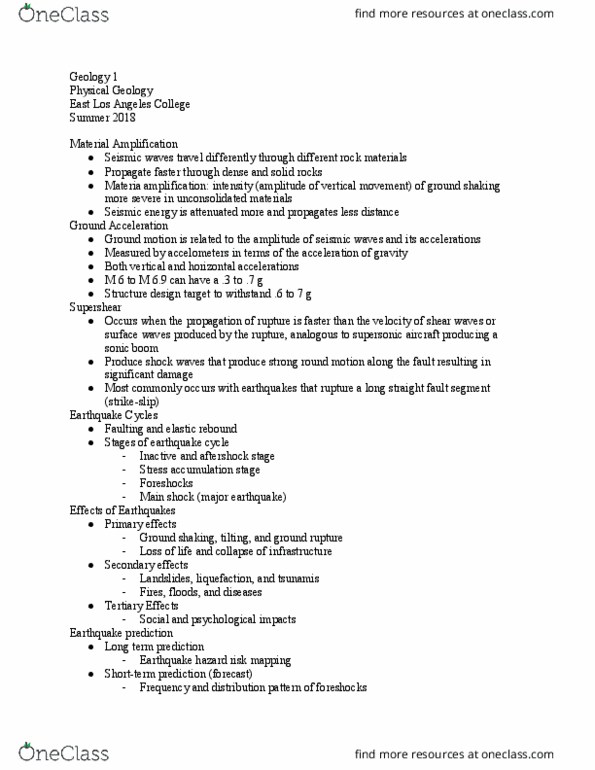 GEOLOGY 1 Lecture Notes - Lecture 30: East Los Angeles College, Seismic Wave, Elastic-Rebound Theory thumbnail