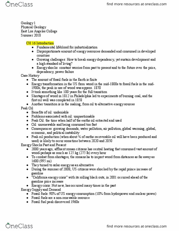 GEOLOGY 1 Chapter Notes - Chapter 16: Non-Renewable Resource, East Los Angeles College, Energy Independence thumbnail