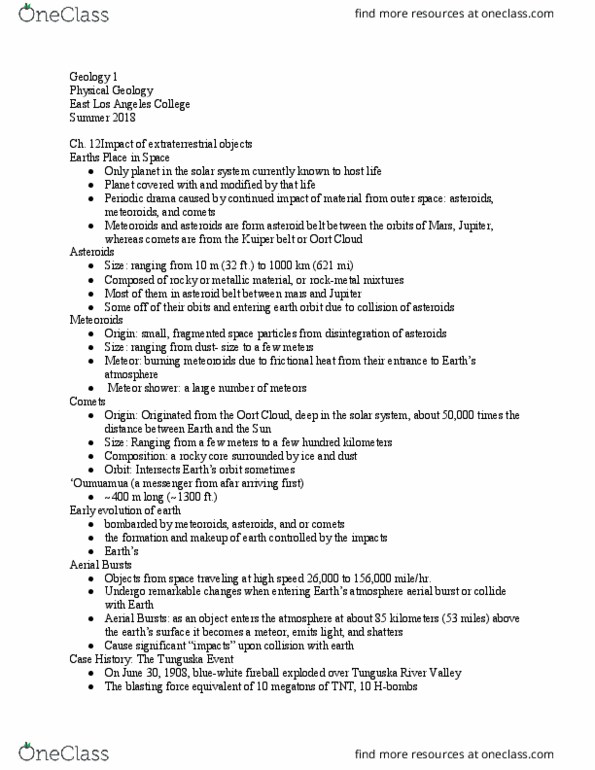 GEOLOGY 1 Chapter Notes - Chapter 12: Shock Metamorphism, Ordovician, Devonian thumbnail