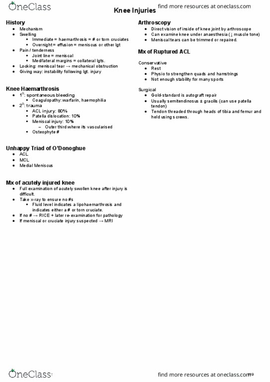 HTHSCI 2F03 Lecture Notes - Lecture 33: Hemarthrosis, Joint Effusion, Autotransplantation thumbnail