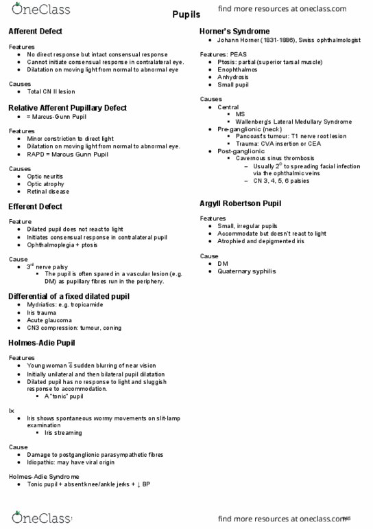 HTHSCI 2F03 Lecture Notes - Lecture 16: Marcus Gunn Pupil, Argyll Robertson Pupil, Superior Tarsal Muscle thumbnail