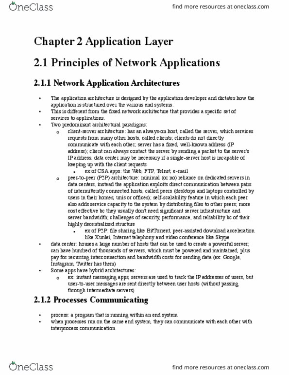 CSE 310 Chapter Notes - Chapter 2: Network Architecture, Computer Network, Session Layer thumbnail