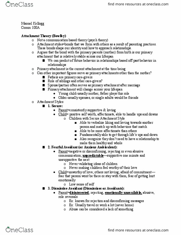 Communication Studies A100 Lecture Notes - Lecture 24: Attachment Theory, John Bowlby thumbnail