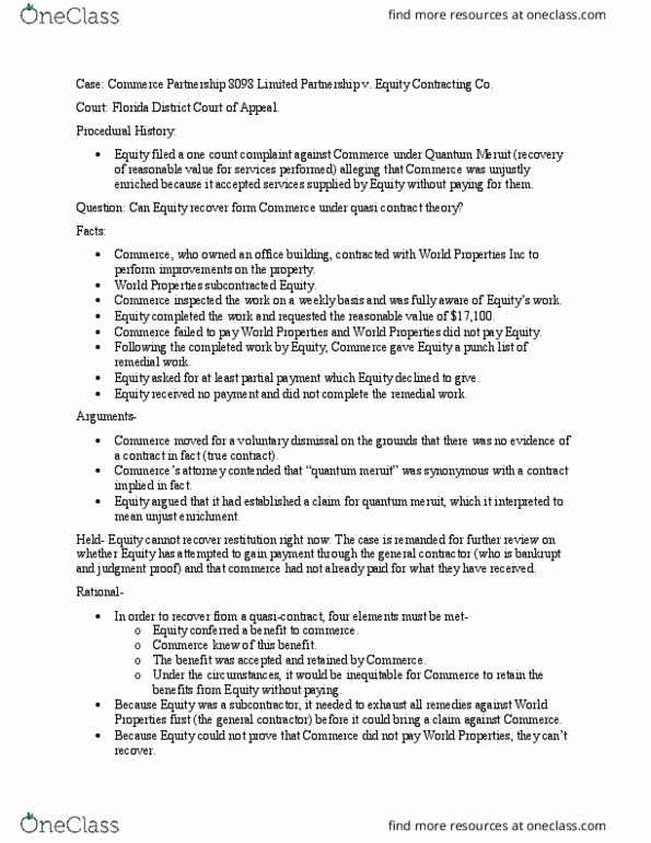 LAWS 4175 Lecture Notes - Lecture 20: Quasi-Contract thumbnail