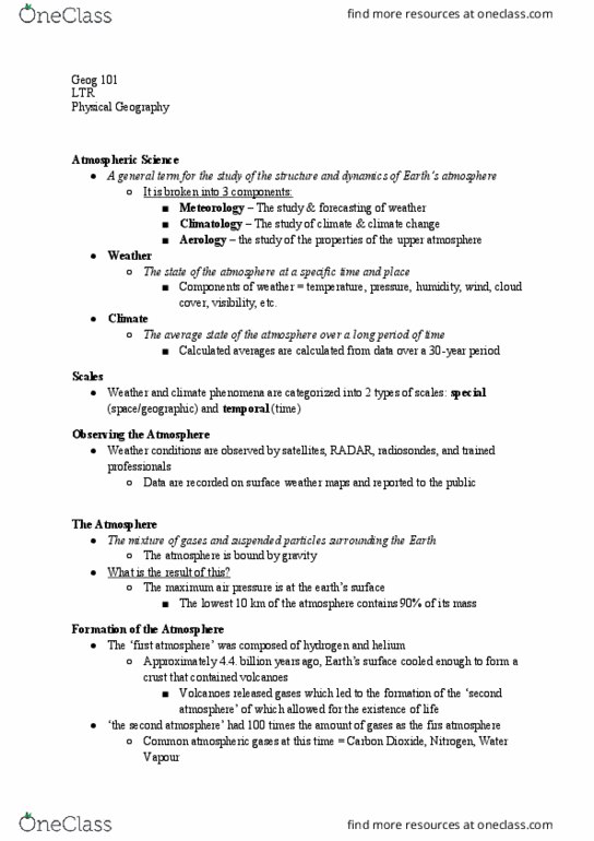 GEOG 101 Lecture Notes - Lecture 13: Atmospheric Sciences, Climatology thumbnail